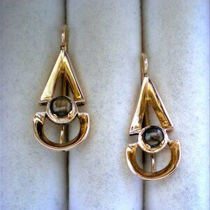 Vintage Solid 14K Yellow Gold Black Star Sapphire Dangle Drop Pierced Earrings
